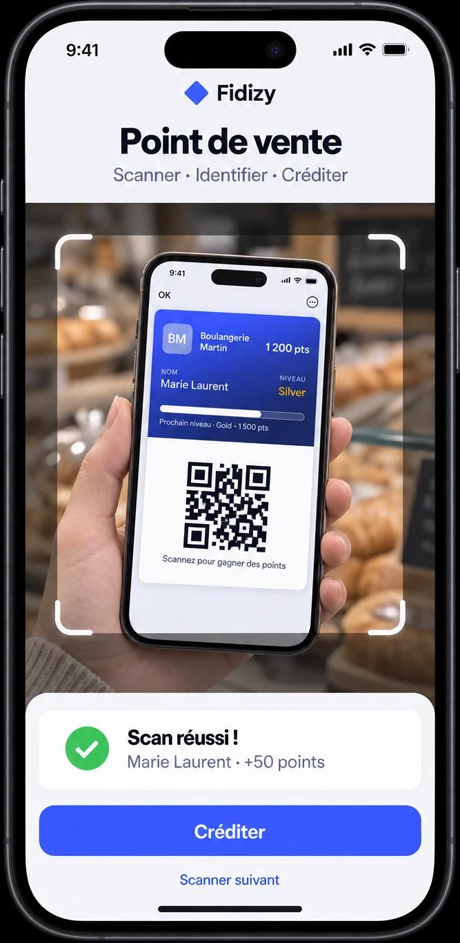 Le téléphone du commerçant sur l'écran Point de vente de Fidizy, en train de scanner la carte d'une cliente : scan réussi, Marie Laurent, 50 points