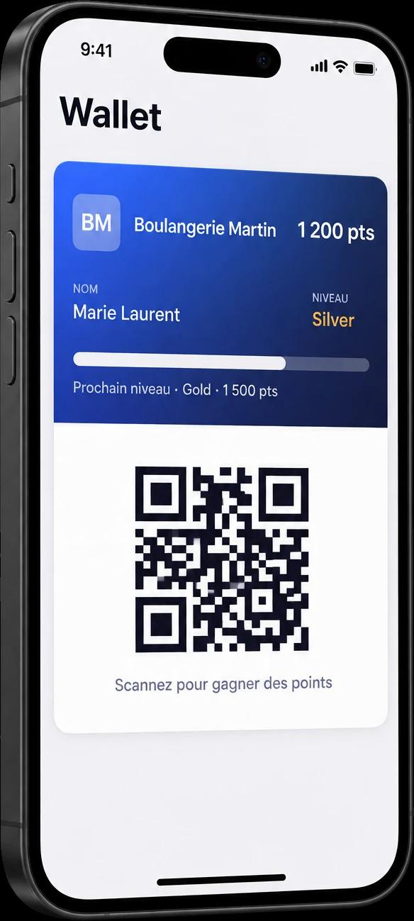 Un iPhone ouvert sur Apple Wallet avec la carte de fidélité Boulangerie Martin : 1 200 points, niveau Silver et le QR code à scanner